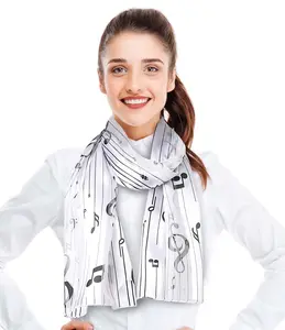 CBC Crown Lightweight Striped Music Notes Silk Feeling Music Scarf - White