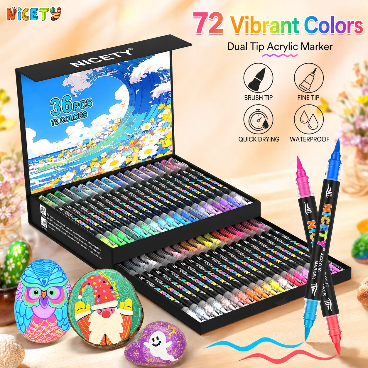 Dual-Tip Acrylic Paint Markers – 36 Pens / 72 Colors, Fine & Broad Tips, Slide-Out Drawer Box for Rock, Wood, Glass & Canvas Art