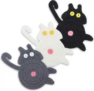 Cat Coasters, 3PCS Cat Gift for Cat Lovers, Gift for Her, Funny Gifts, Coasters for Drinks (White, Black, Grey)