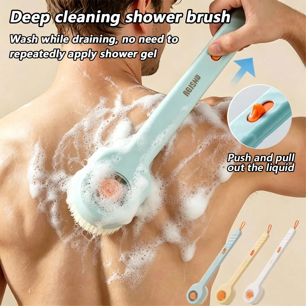 Bath Brush with Added Liquid, Push and Pull Out Liquid Bath Brush for Scrubbing, Equipped with Back Rubbing Tool and Long Handle Design, Body Scrubber, Exfoliating Back Scrubber