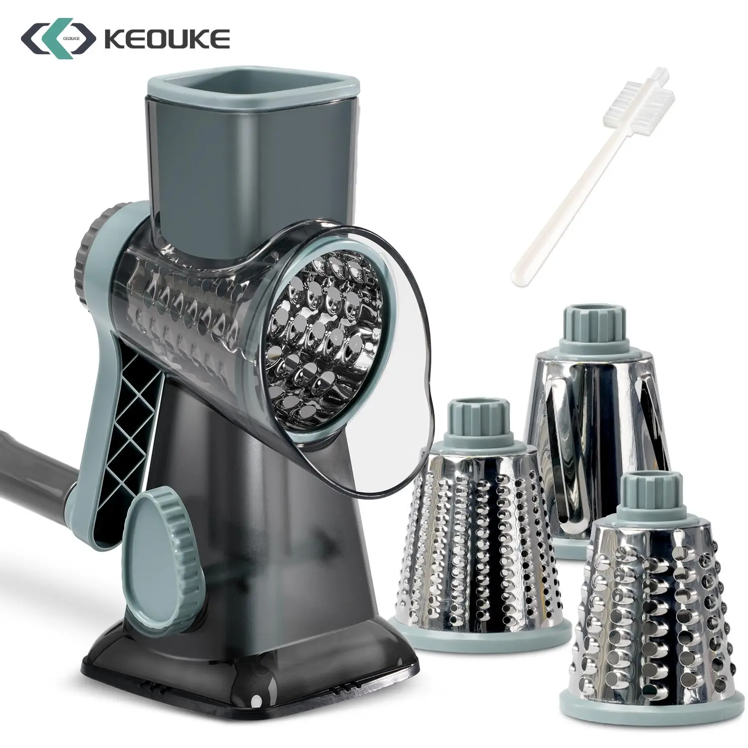 Keouke Rotary Cheese Grater, 1 Count Manual Vegetable Chopper with 3 Counts Replaceable Stainless Steel Cutting Blade, Vegetable Shredder, Multifuncti