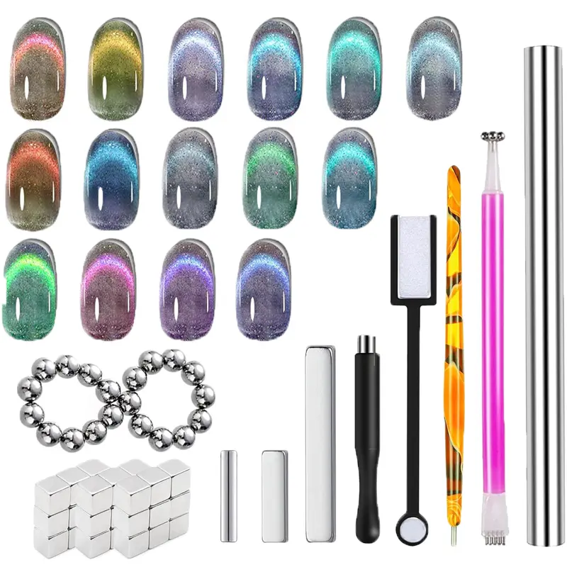 Kit1 Cat Eye Nail Art Kit, Metal Magnetic Gel Polish Set with Cat Eye Nail Magnets, Tweezers, Nail File, Clear Coat & Professional Nail Art Tools