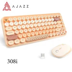 AJAZZ 308i Wireless Typewriter Keyboard and Mouse Set,2.4G USB Receiver, with Compact 84 Keys,Cute Retro Round Keycaps,1600 DPI Mouse,Ergonomic Design for PC Mac