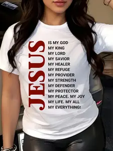 1pc Women's Religious Jesus Pattern T-Shirt- Red Letter Print- Unisex Casual Daily And Worship Clothing- Four Seasons Breathable Christian Top- Machine Washable Faith Theme Shirt Spiritual Wear Durable Design Faith Inspiration Clothing Spiri