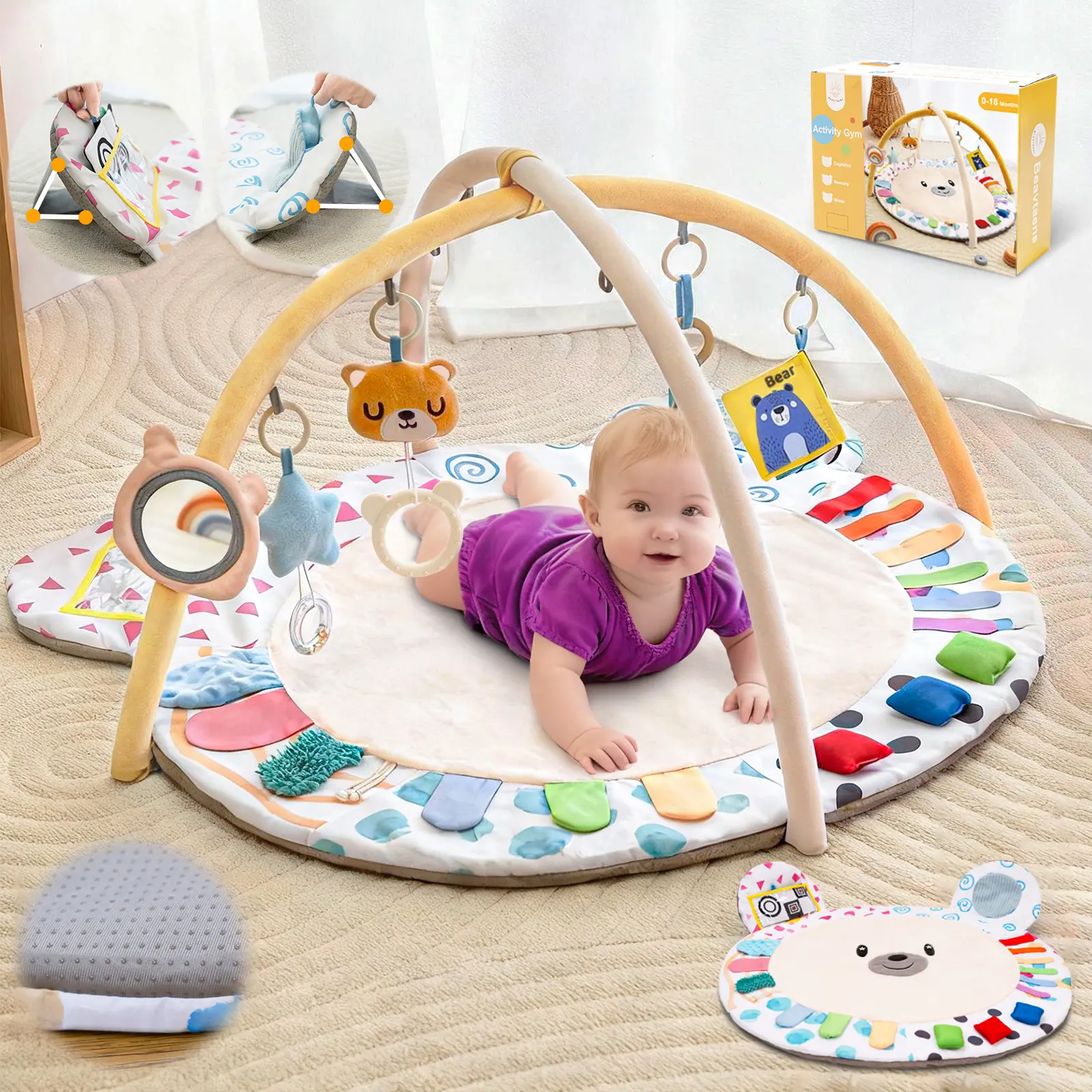 Baby Play Gym, Thickened and Non Slip Activity Mat, Gym Activity，5 Developmental Zones Tummy Time Mat with 5 Detachable Sensory Toys for Motor Skills, Baby Essentials Shower Gift Box