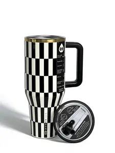 HydroJug 40oz black and white checkered straw cup, keeps drinks hot or cold. Great for commuting and fitness. With a handle for easy carrying. The straw lid makes drinking super convenient.