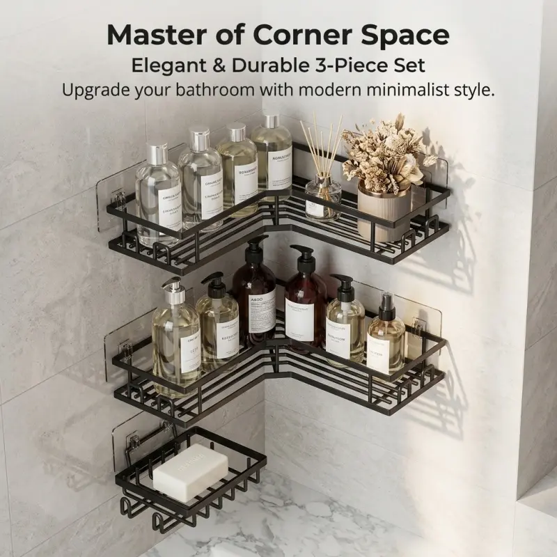 Black Metal Corner Shelf Organizer Set, Bathroom Accessory, Bathroom Organization, Bathroom Necessities, 3 Size Combination, Wall Mount or Countertop Storage Baskets for Kitchen & Bathroom