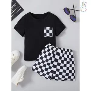 ERT-Two-piece Set Boy's Checkerboard Print Pocket Tee & Shorts Set, Casual Short Sleeve Round Neck T-shirt & Shorts, Summer Outfits Clothes for Kids