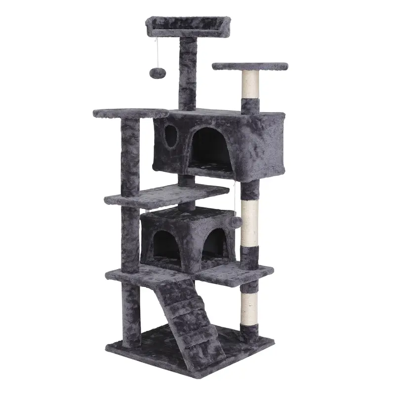 Pet Republic 55"H Multi-Level Soft Fabric Cat Tree Kitten Condo for Small Cats - Plush Cover, Natural Sisal Scratcher, Vertical Scratcher, Vertical Ramps, Climbing Structure, Safe Perches, 11'' L x 11'' W x 8.5'' H, Gray (Ideal for Playtime), 19.5'' L X 1