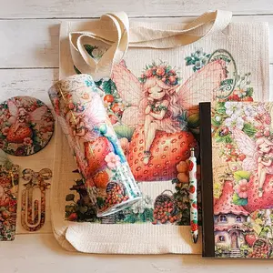 Strawberry Fairy Bundle Includes Tote Bag Notebook Pen 20 oz Tumbler Bookmark and Coasters Perfect for Gifts