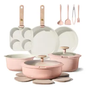 [Official] CAROTE 19Pcs Pink Ceramic Cookware Set Nonstick with Detachable Handle, Dishwasher Safe, Easy Pouring Spout