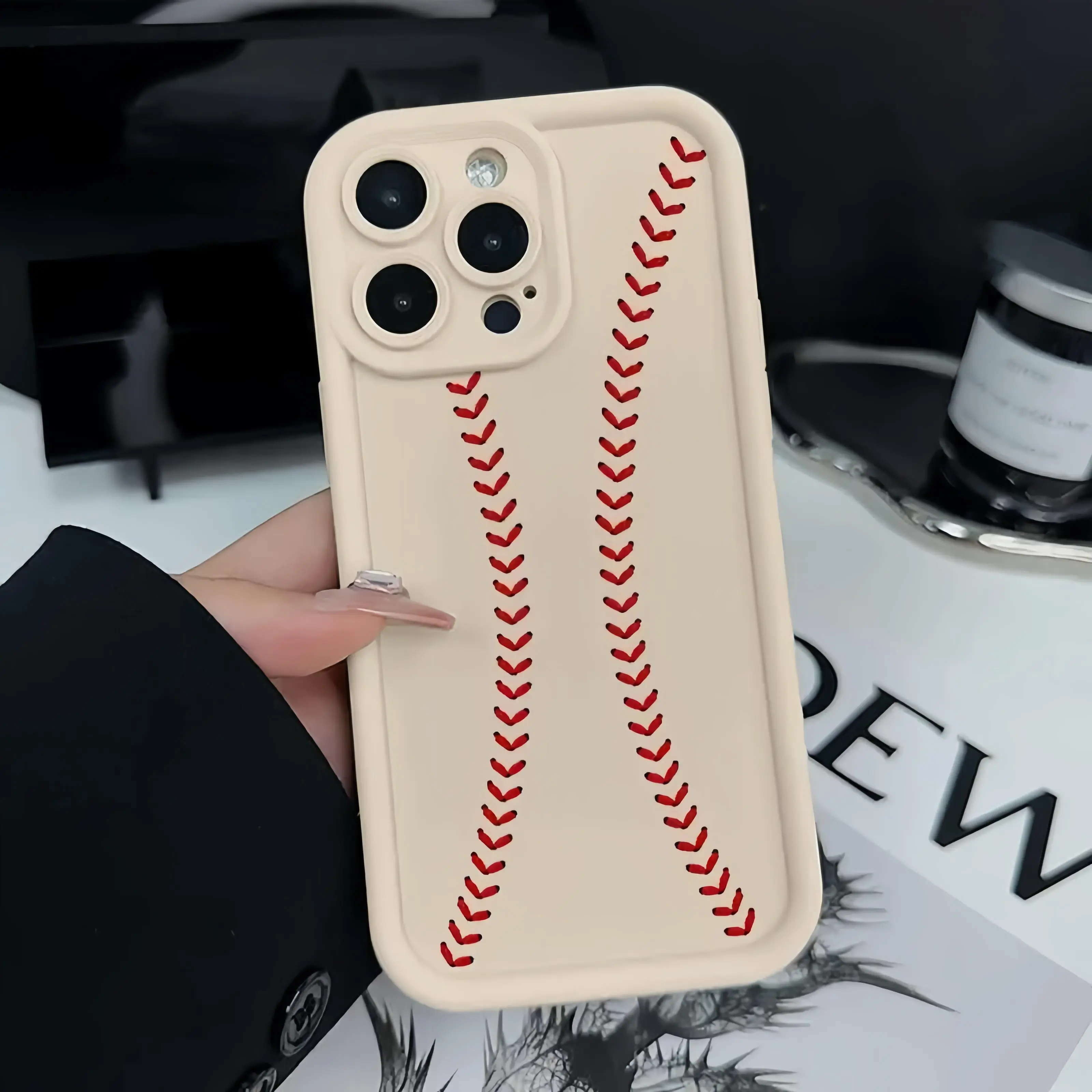Silver Shimmer Baseball Stitch iPhone Case – Minimal Red Thread Sport Aesthetic Design| Shockproof Anti-Drop Protective Cover for iPhone 17–13 Pro Max Series| Stylish Everyday Phone Accessory Gift