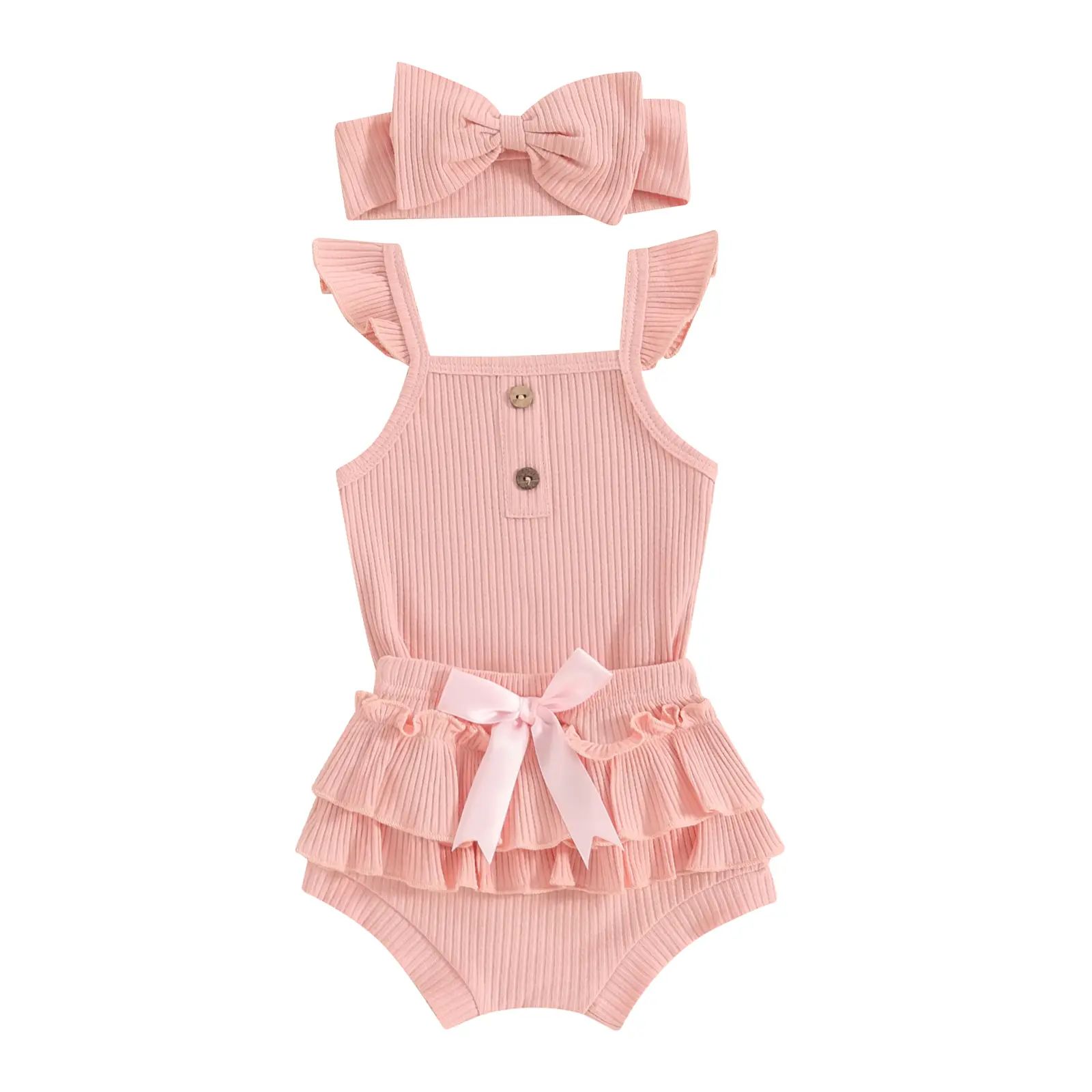 Newborn Baby Girl Summer 3-Piece Gift Set - Ribbed Sleeveless Romper Bodysuit, Ruffle Layered Bloomers Shorts, Headband, Onesies Baby Girls Gift Sets