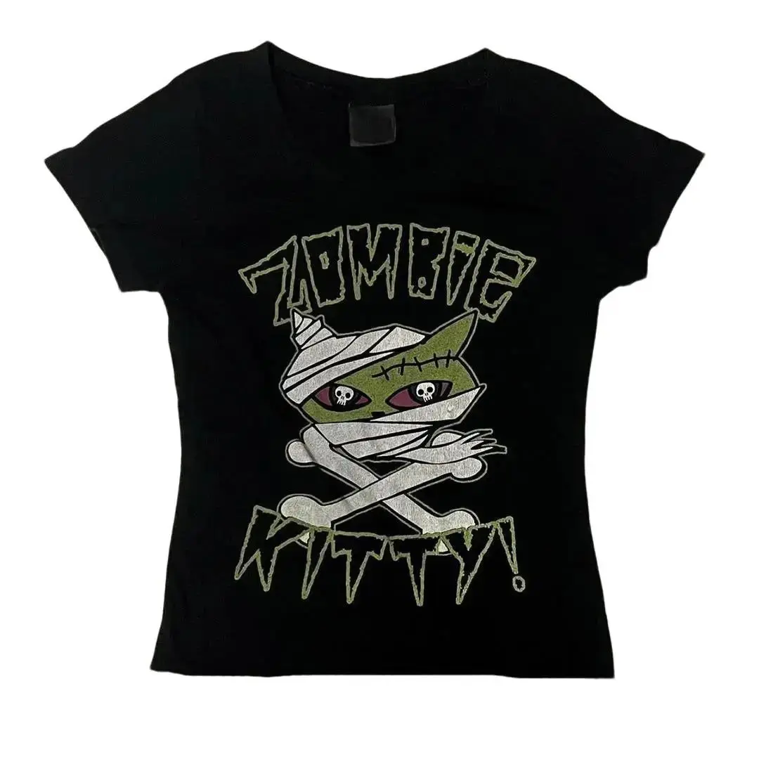 Vintage Zombie Kitty Baby Tee, Gothic Emo Girl Top, Y2k Top Women Streetwear, Scene Clothing 2000s