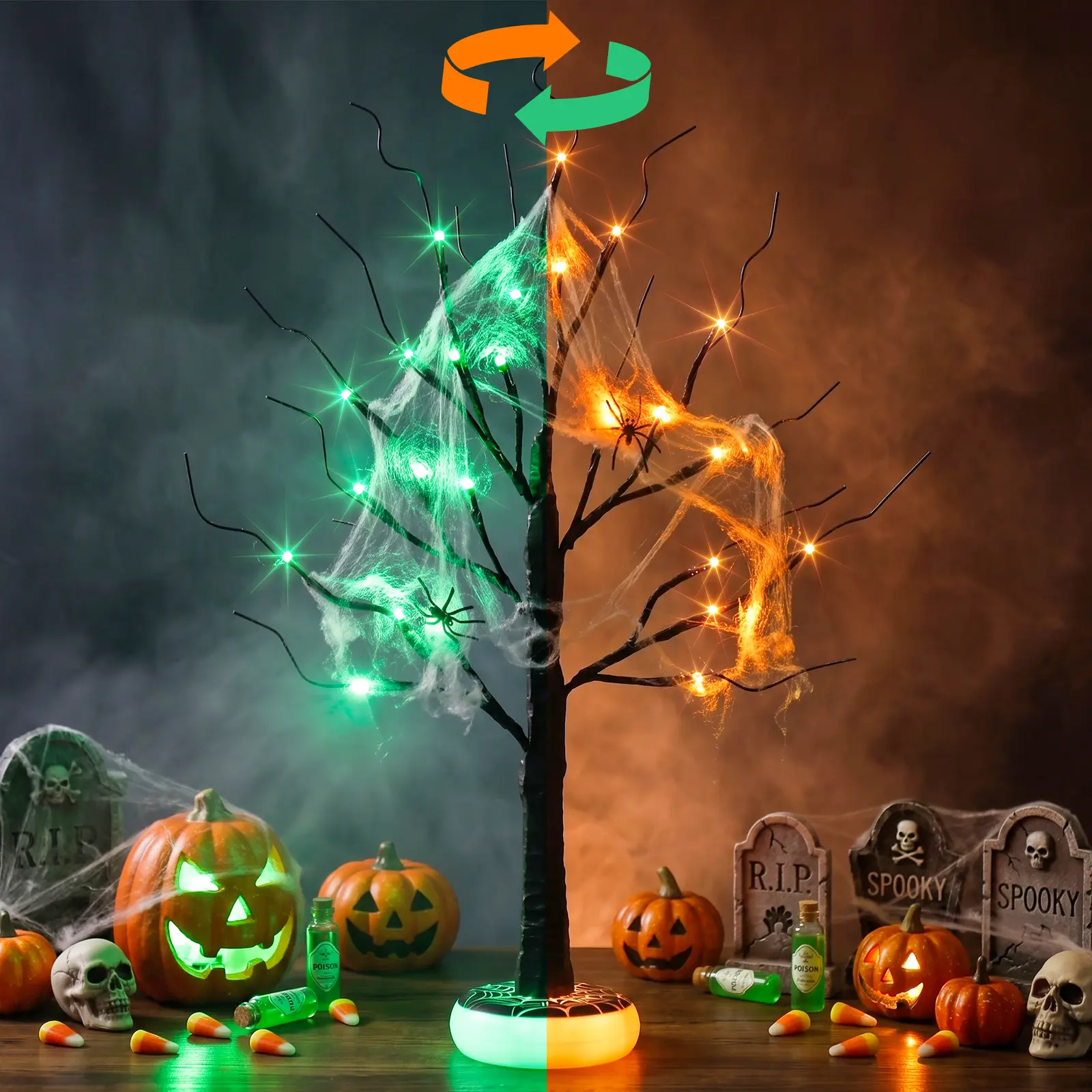 PEIDUO Halloween Tree with Light-up Base Rechargeable Halloween Decoration | 24 Orange Green Bi-Color Lights, 2FT Spooky Tree with Glowing Base, 5 Modes Timer & Memory for Indoor Home Halloween Decor