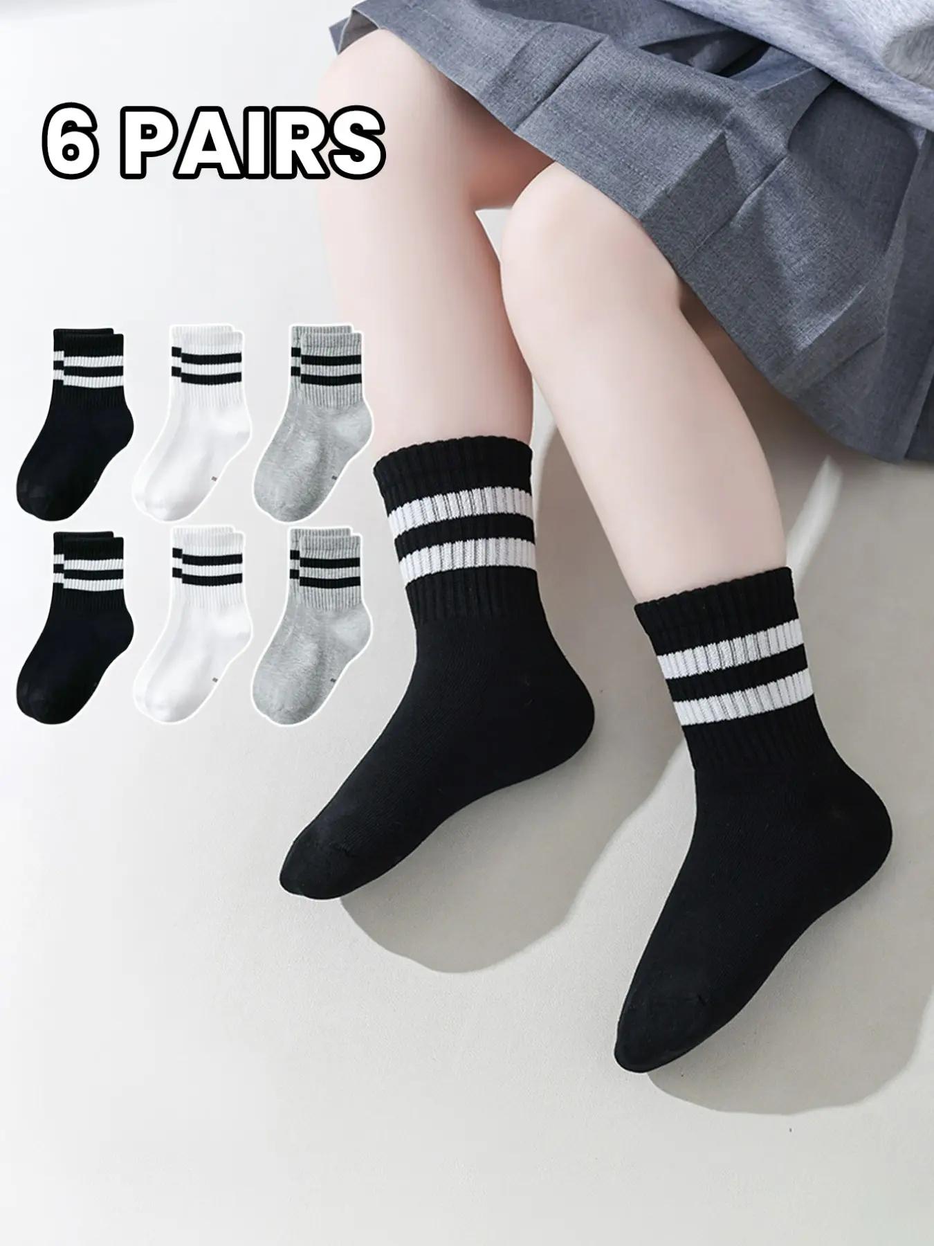6 Pairs Solid Striped Crew Socks, Back-To-School Wear, Unisex Kids & Adults, All Seasons, Slim-Fitting Casual Style