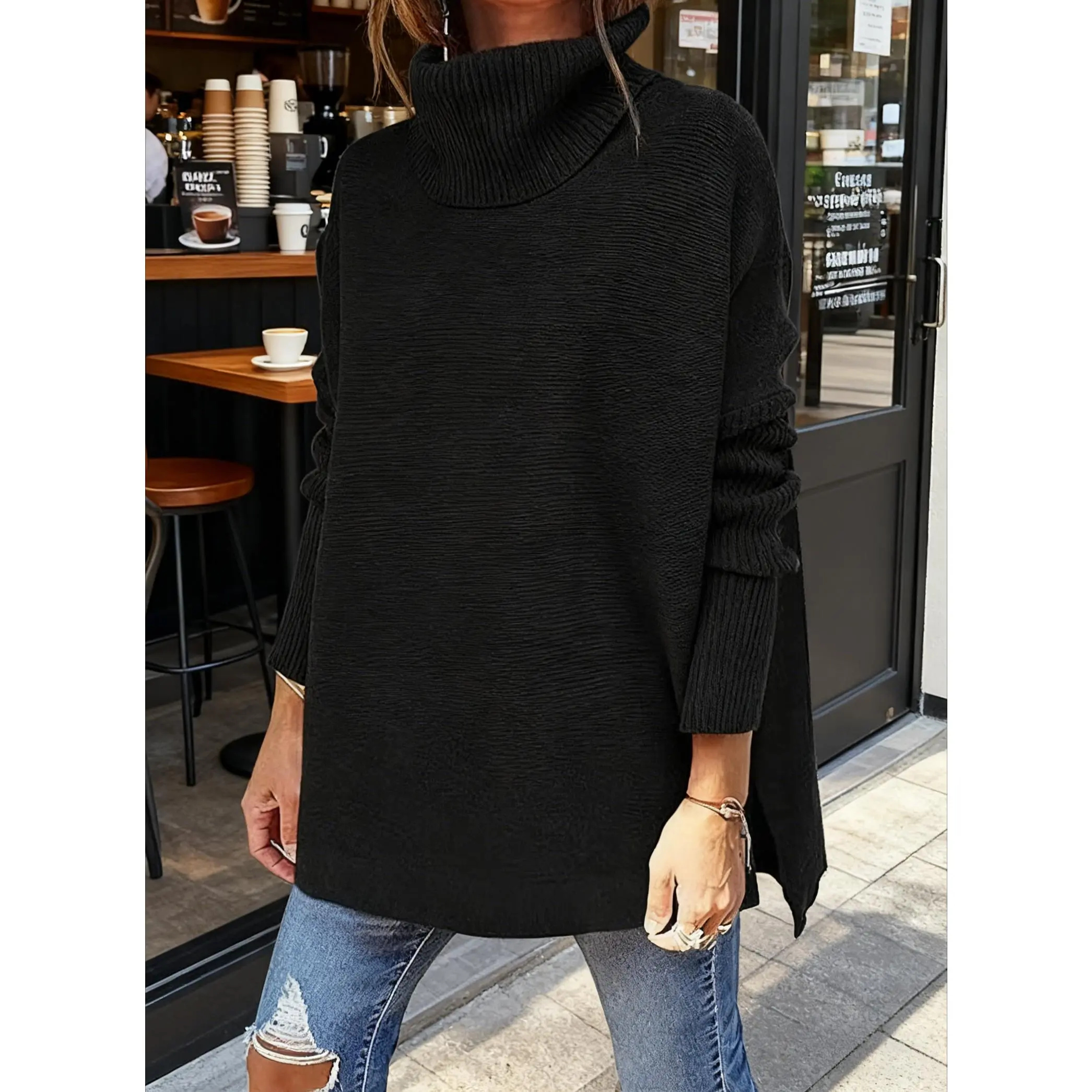 Women's Turtleneck Oversized Sweaters 2026: Long Batwing Sleeve Split Hem Tunic Pullover Knit Tops, Chic Black Ribbed Fabric, Relaxed Batwing Sleeves, Flattering High-Low Split Hem, Perfect for Office/Casual Outings/Lounging, Warm & Stylish Winter Wardrob