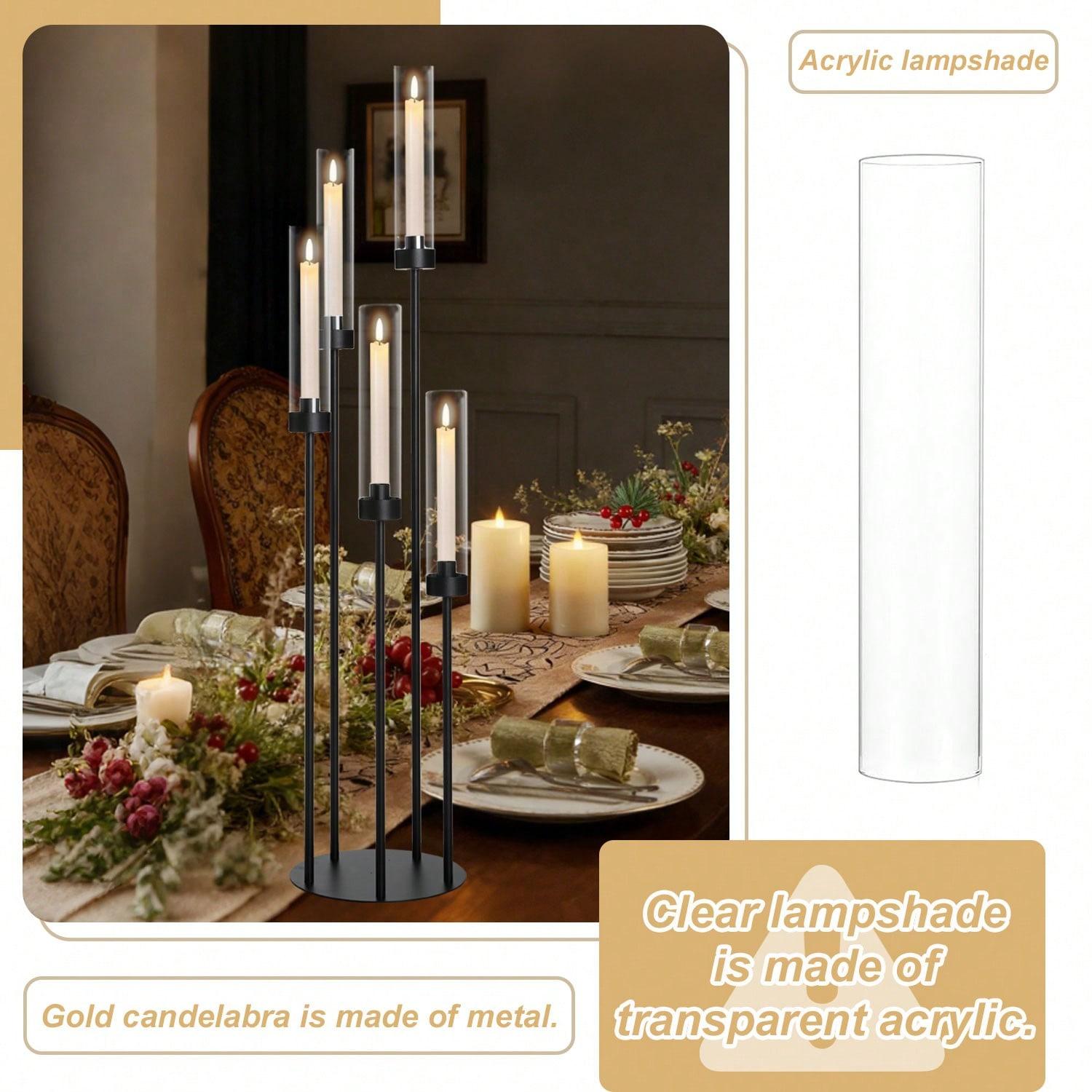 39.8" Matte Black 5-Arm Candelabra with Acrylic Shades,Tall Floor Candle Holder for Wedding Table Birthday Party Home Decoration Fit LED Taper Candles