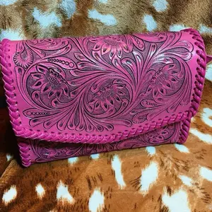 Pink Hand Tooled Crossbody Purse with Intricate Floral Design