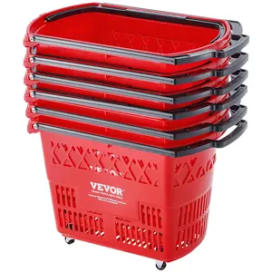 VEVOR Shopping Baskets, 6PCS, 39L Shopping Carts with Handles, Plastic Rolling Shopping Basket with Wheels, Large Portable Shopping Basket Set for Supermarkets, Retail Stores, Grocery Shopping, Red Organiser Household