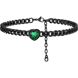Women Heart Anklets 5MM Cuban Link Ankle Bracelet with Birthstone, Black-Send  Box