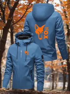Men's Printed Fox Hooded Jacket, Lightweight Durable 100% Polyester, Zipper Outdoor Sports Coat, Embroidered Logo, Casual Spring & Fall Wear