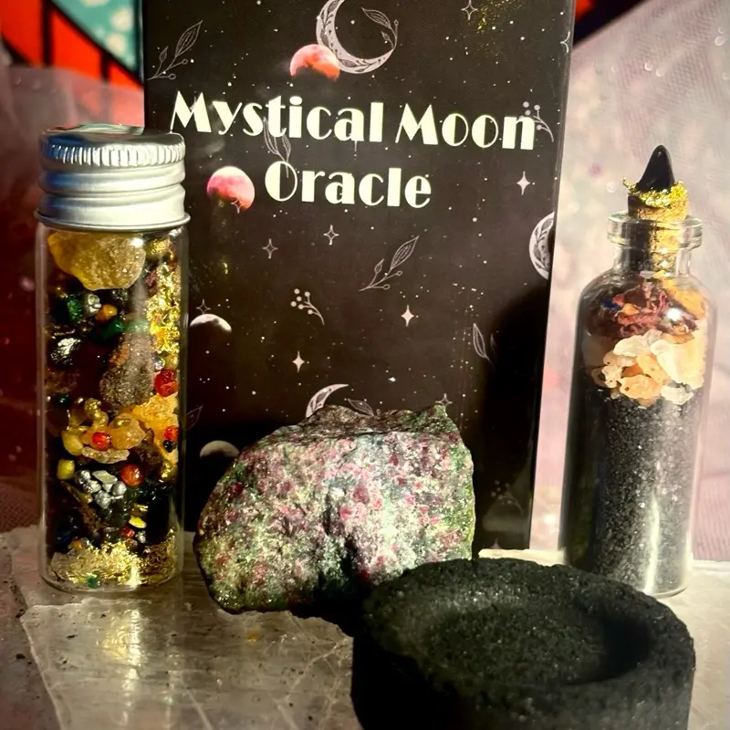 Mystical Moon Oracle Card Set - 60-Card Deck with Ritual Kit, Frankincense, Myrrh, 7 Chakra premium Resins, Gold Flakes, Raw Fuschite Crystal & Charcoal Disk for Spiritual Guidance