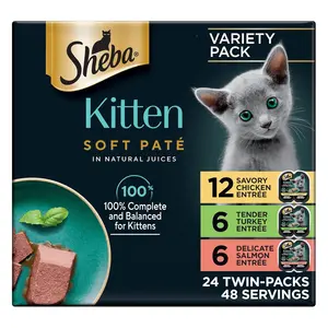 Sheba Perfect Portions Kitten Wet Cat Food Pate Chicken Entree, Salmon Entree, and Turkey Entree, 2.6 oz. Twin-Pack Trays (24 Count, 48 Servings)