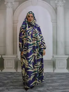 New Muslim Women's Headscarf Dress, Soft Breathable Prayer Dress, Fashion Embroidered Border Print Long Robe, Elegant Casual Dress