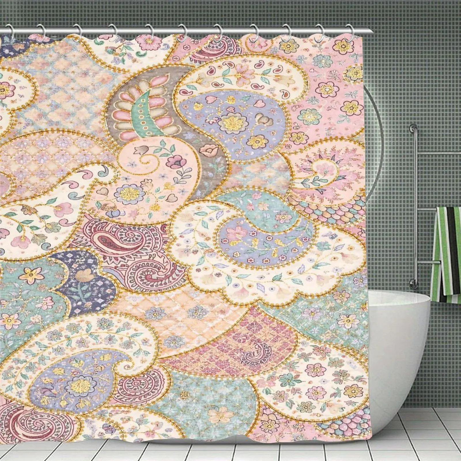 Pastel Paisley Floral Patchwork Shower Curtain