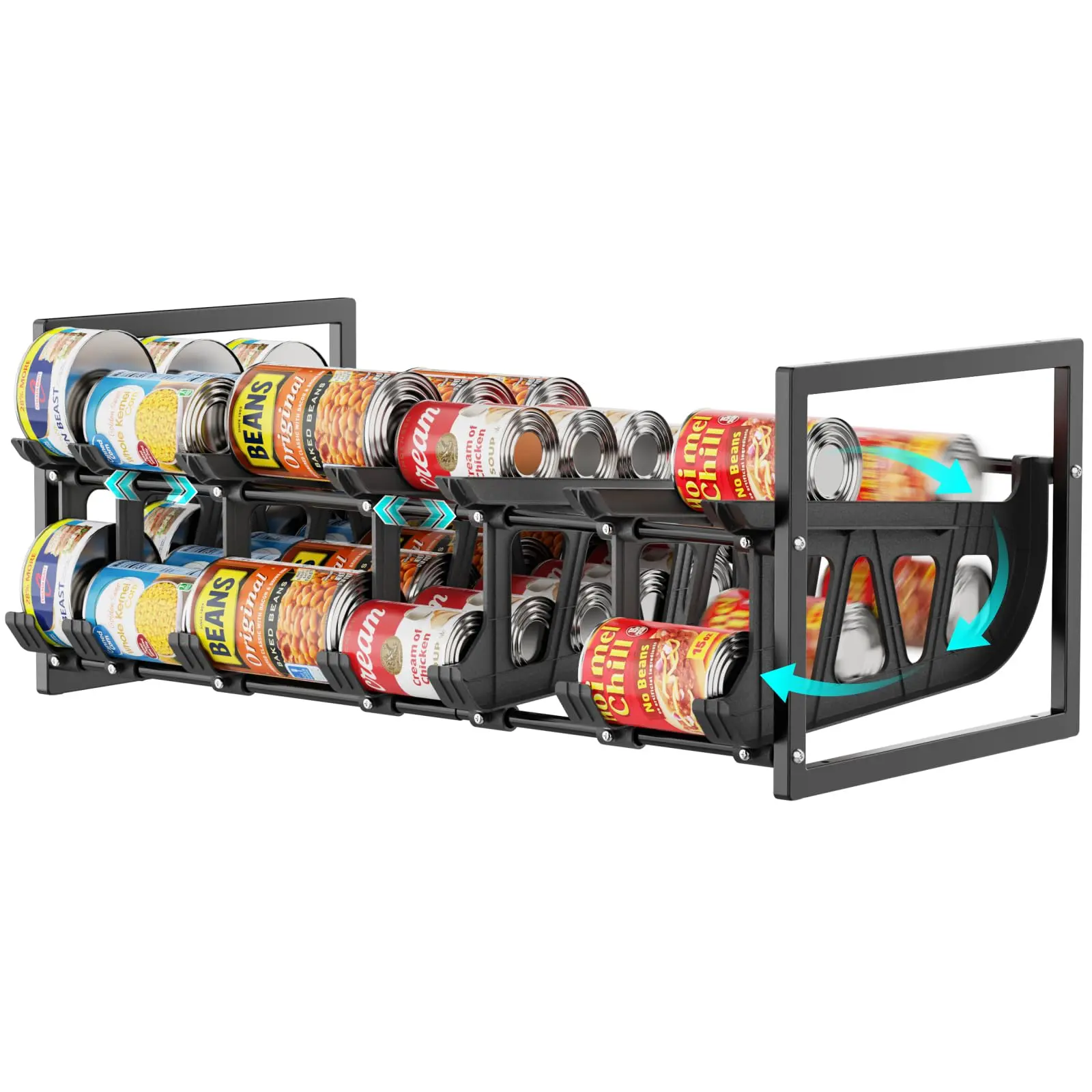 iSPECLE Durable Black Metal Can Organizer for Pantry - Adjustable Dividers, Extendable Design, Auto-Rolling Easy Access, Holds 60 Various-Sized Food Cans, Optimizes Pantry Shelf Space