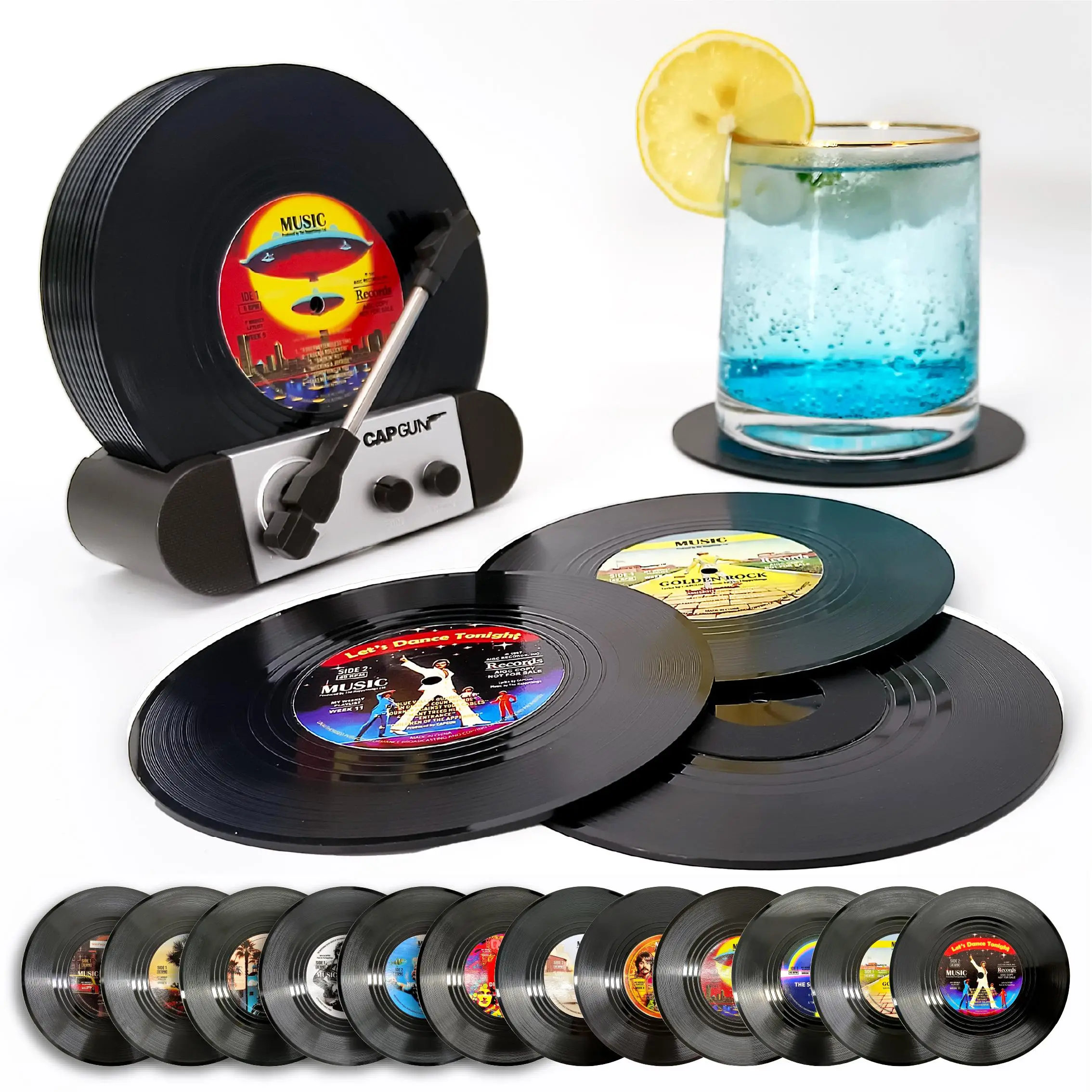 Record Shaped Coasters, 1 Set Non-slip Retro Vinyl Record Coffee Cup Mat with Holder, Table Decoration for Home Office Dining Room Coffee Shop Dormit