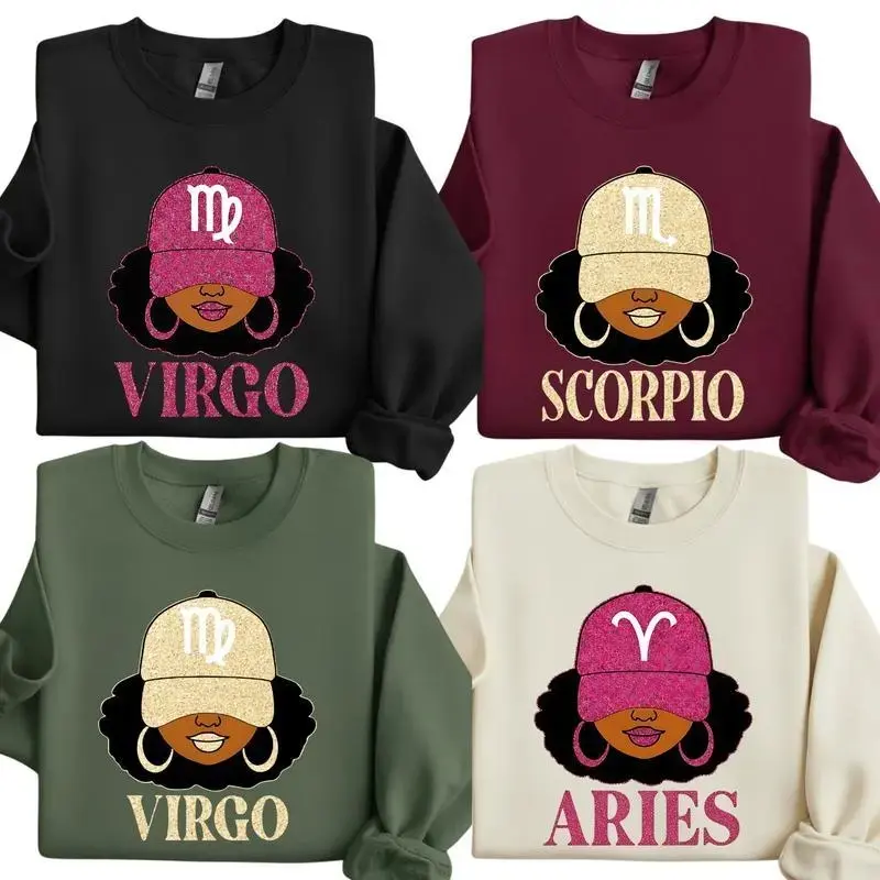 All 12 Zodiac Slay Girl Sweatshirt, Glitter Astrology Hat Graphic for Adults, Full Horoscope Star Sign Collection with Bold Zodiac Letter Design, Unisex Astrology Gift for Men And Women