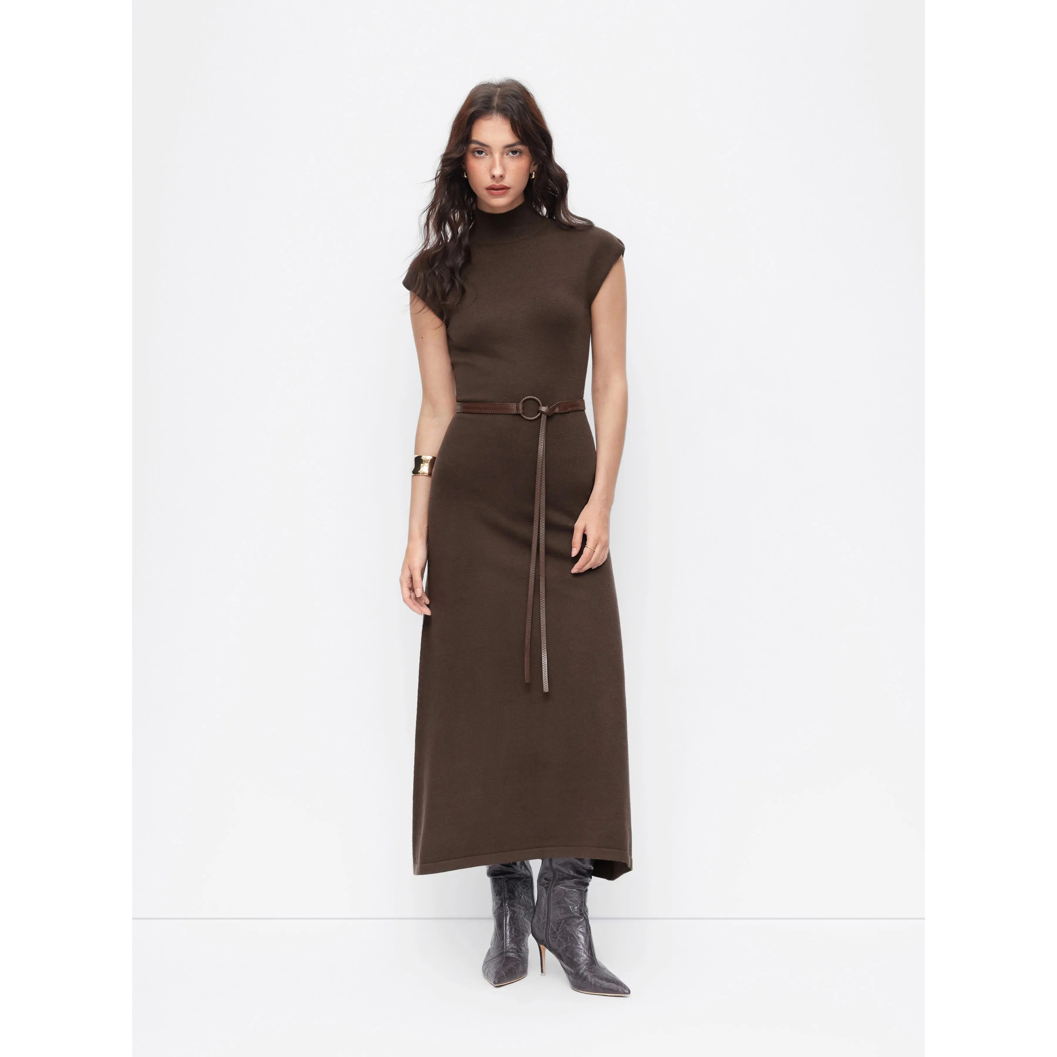 Cider Knit Maxi Dress with Belt  Flattering A-Line Long Dress for Women  High Neck Long Sleeve for Spring Evenings & Date Night - TikTok Shop