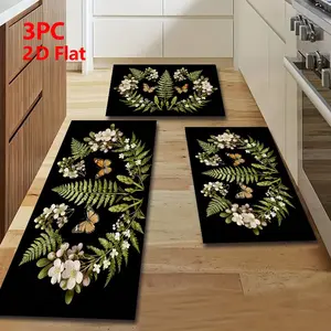 2/3 Piece Flannel Kitchen Mat Set, Watercolor Floral Butterfly Print, Anti-Slip, Absorbent, Home Decor