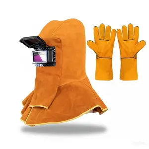 2 PCS cowhide leather welded head cover helmet with gloves, protective equipment, work cap with neck and shoulder drooping, dust-proof, breathable (yellow), with automatic dimming filter, yellow full-face helmet and neck-shoulder protection