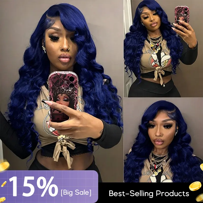 eullair Dark Blue Loose Wave Human Hair Wig - 13x6 HD Pre-Plucked Lace Front, Smooth, Skin-Friendly, Stretchable for Black Females, Loose Wave Wig Human Hair
