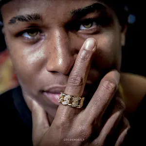 Golden Gilt Studded Cuban Link Ring 18K Gold Plated with AAAA Cubic Zirconias Ion Plated Durable Wear Resistant Size 6-12