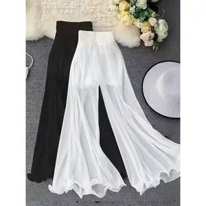 Women's Plus Size High Waisted Wide Leg Pants Elastic Waist Mesh Fabric Loose Casual Trousers Semi Sheer Comfort Fit Sports Joggers