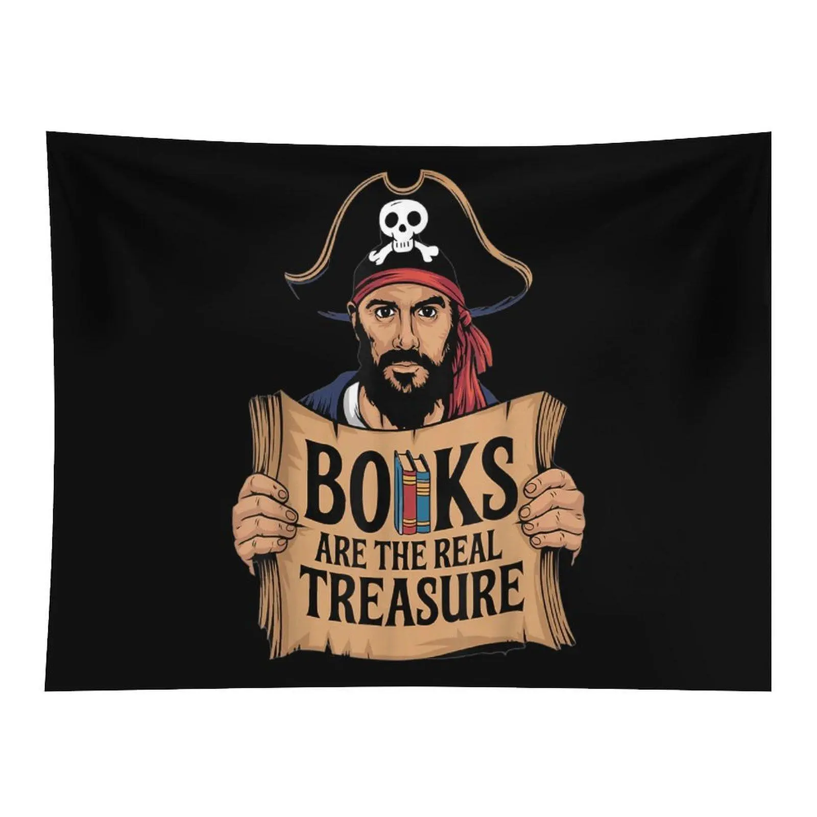 Black Background Pirate Books Are The Real Treasure Skull Hat Scroll Cartoon Wall Tapestry For Book Lover Pirate Themed Room Decor