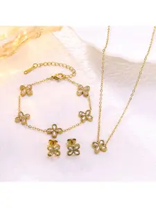 Stainless Steel Clover CZ Jewelry Set, Gold Tone, Necklace with Clover Pendant, Adjustable Bracelet with Clover Charms and Stud Earrings, Minimalist Statement Jewelry Set for Women