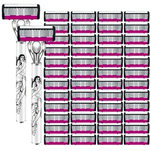 2 Handles + 48/60 Stainless Steel Replacement Blades, Unisex Razor, Shaving Razors, Six-Layer Manual Shaver, Smooth Face Trimming, Multi-Pack