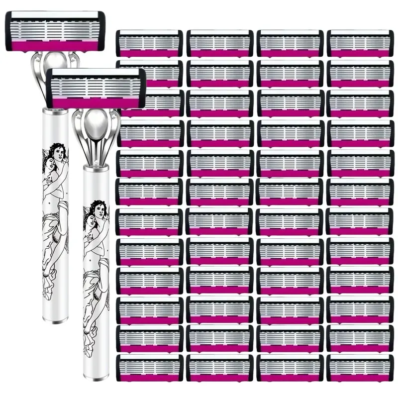 2 Handles + 48/60 Stainless Steel Replacement Blades, Unisex Razor, Shaving Razors, Six-Layer Manual Shaver, Facial Shaver, Smooth Face Trimming, Multi-Pack