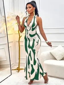 Women's Sexy Fashionable Wavy Pattern Printed Deep V Ruched Waist Halter Lace Wrap Dress, Suitable For Vacation & Dates (Random Floral Styles) Black Summer Elegant