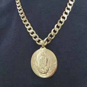 ViOrO 14K Gold Plated 10mm Cuban Link Chain for men with Virgen Pendant for Dairy Use. Electro Laminated Premium Jewelry