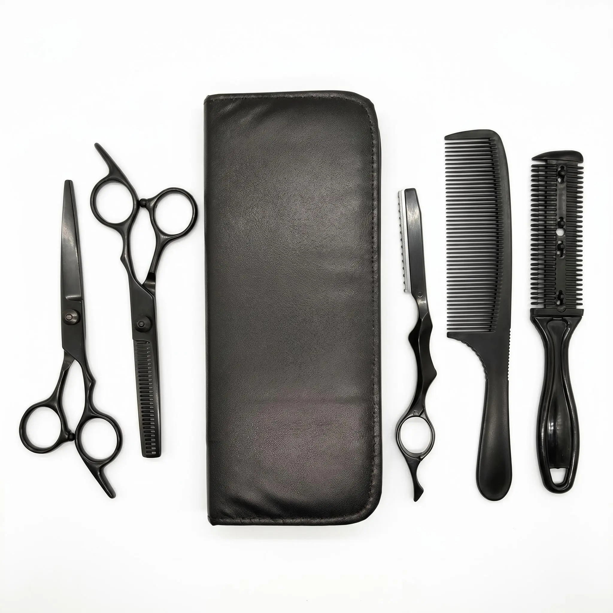 Men's Professional 6PCS Black Barber Haircare Kit - Stainless Steel Blades, Smooth Thinning Shears, Razor Comb, Texturizing Tools, Lightweight Volumizer, Storage Option for Salon & Home Use