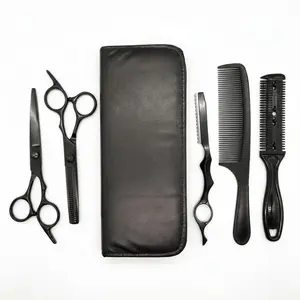 Men's Professional 6PCS Black Haircutting Kit - Barber Haircare Equipment with Stainless Steel Blades, Thinning Shears, Razor Comb, Texturizing Tools, Lightweight Volumizer for Salon & Home Use