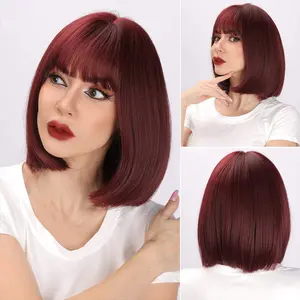 SMILCO/12-inch | Wine | Straight Bob Wig with Hair Bangs | H99