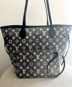 Pre-owned Louis Vuitton canvas Tote Bags Denim Jacquard Neverfull MM Gray/Black