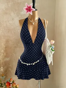 Women's Polka Dot Halter Dress, Sexy Backless A-Line Summer Mini Dress, Trendy Chic Fashionable Evening Wear, Perfect for Parties and Events, Womenswear